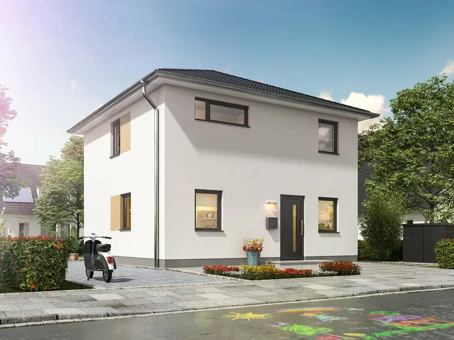 Von der Straße aus bietet das Stadthaus 100 einen Blick auf ein modernen Eingangsbereich, ein kompaktes Familienhaus mit Zeltdach mit Platz für eine optionale Photovoltaikanlage.
