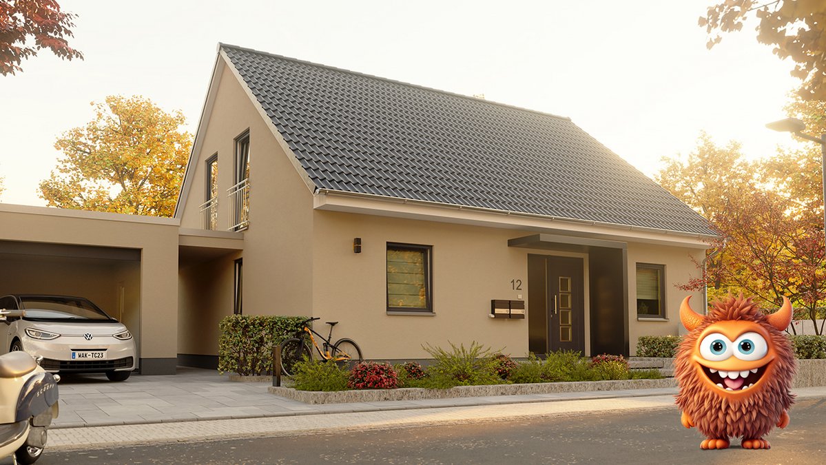 Ratenfresser Powi vor dem Mitwachshaus Flair 148 mit Carport