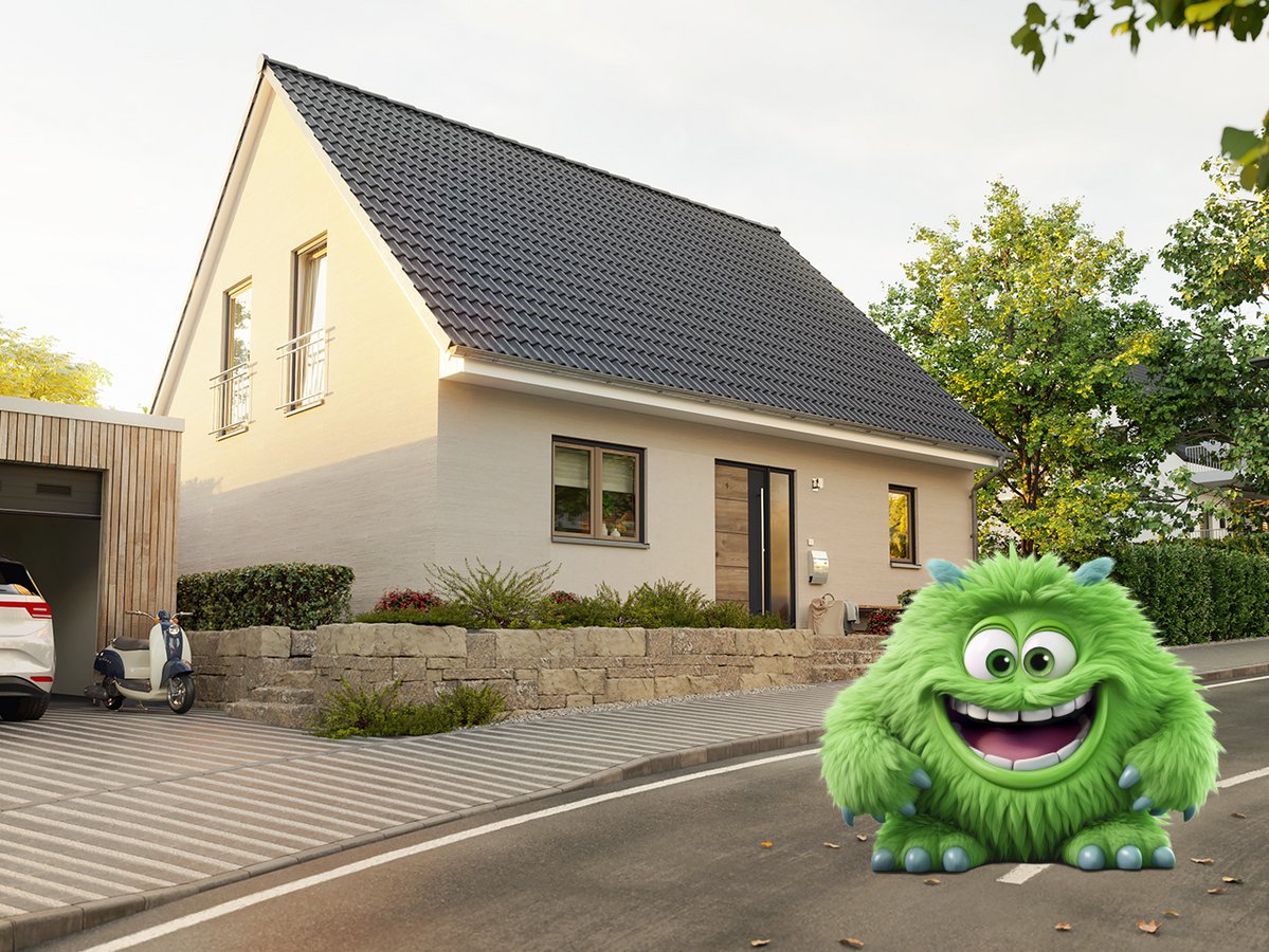 Ratenfresser Fini vor dem Flair 134 mit Blick auf den Eingangsbereich und Carport