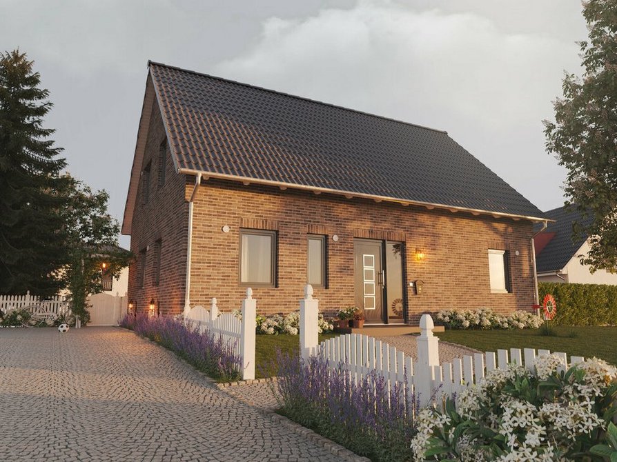 Der einladende Eingangsbereich des Landhauses 142, in Cinder Kohle Klinker, mit modernem Anthrazit-Satteldach und Vorgarten, verkörpert zeitlose Schönheit.