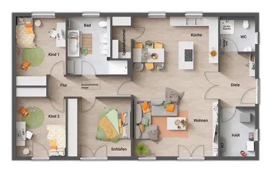 Grundrissvariante 1: Giebelseiteneingang und klare Raumaufteilung Grundrissvariante 1 zeigt eine praktische Aufteilung mit Giebelseiteneingang, einer großzügigen Diele mit Garderobe, klarer Trennung von Eingangs-, Wohn- und Privatbereich sowie gleich großen Kinderzimmern.